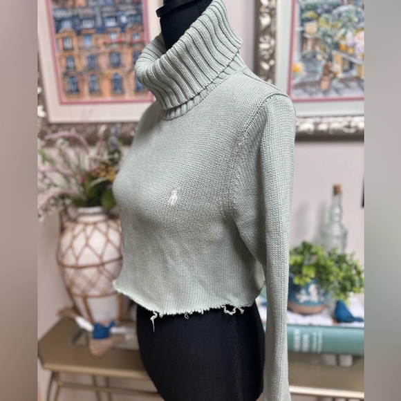 RALPH LAUREN SPORT Light Green Classic Cropped Raw Hem Turtleneck Sweater Sz L - Picture 4 of 6
